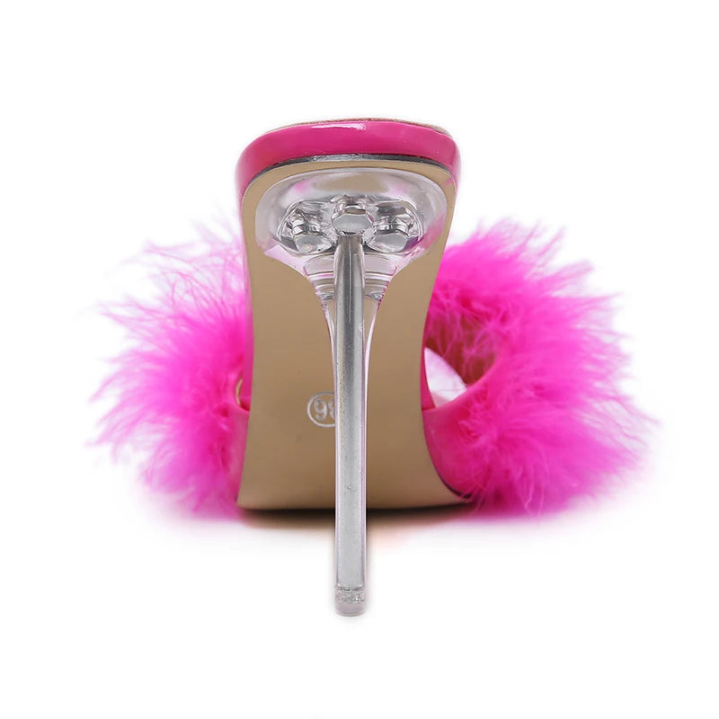 Summer New Sexy Feather Woman Slippers Transparent Perspex High Heels Stiletto Peep Toe Mules Lady Slides Shoes Rose