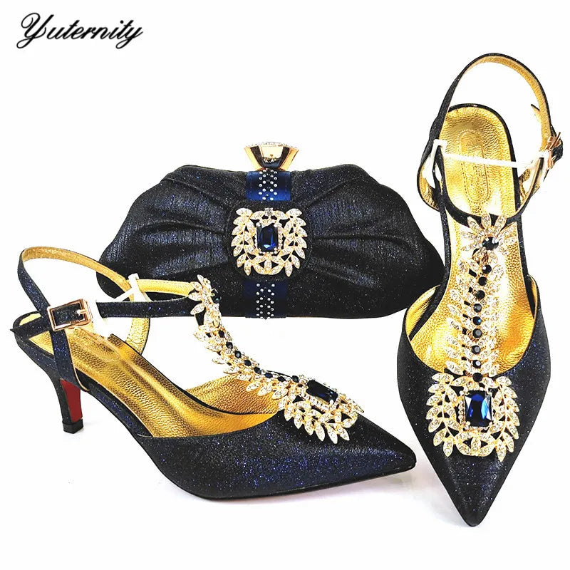 Nigerian Style Woman Shoes With Purse Set African Summer High Heels Shoes And Bags Set For Party New Pointed Toe Shoes