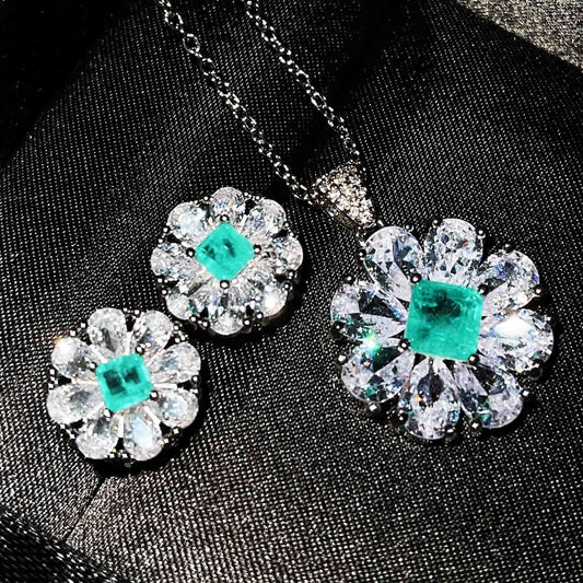 Luxury Silver Color Wedding Jewelry Set for Girlfriend Dainty Flower Imitation Paraiba Tourmaline Pendant Earrings Birthday Gift
