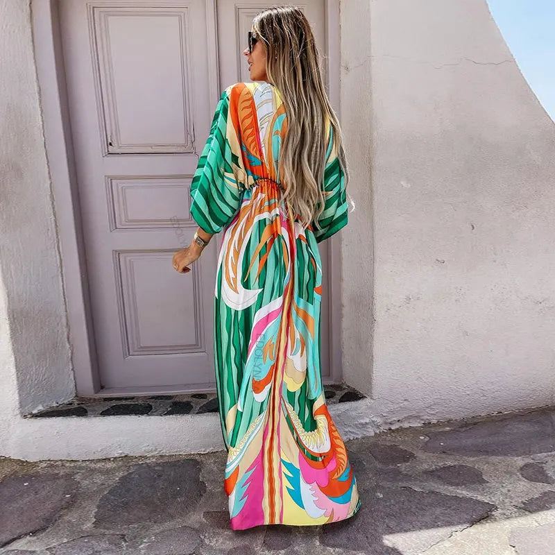 Elegant Gorgeous Printing Dress Women Casual Elastic Waist Long Party Dress 2025 Summer Loose Slit Beach Dress A932