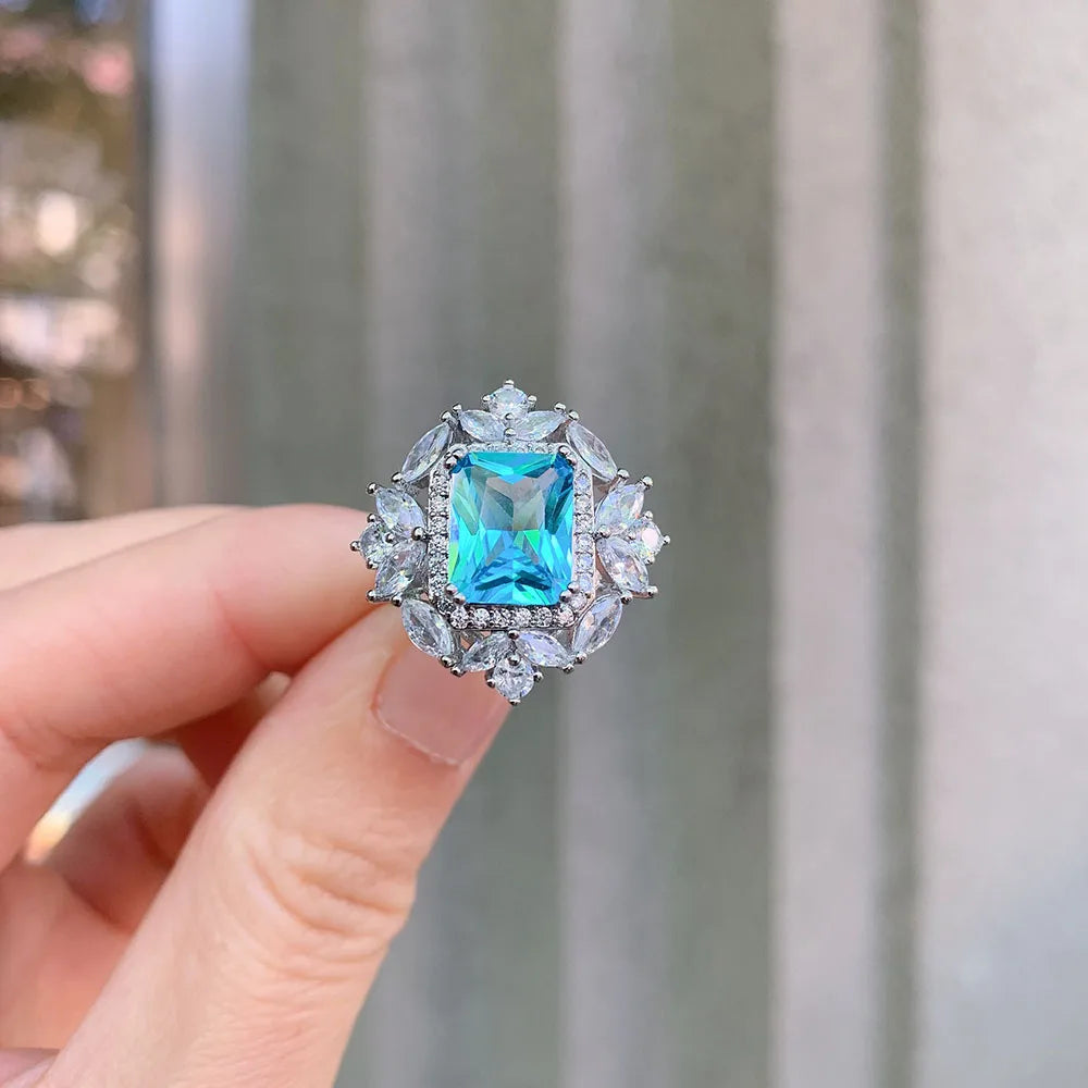 Trend Wedding Jewelry Sets for Women Vintage 8*10mm Aquamarine Stone Rings/Drop Earrings/Pendant/Necklace Birthday Gift