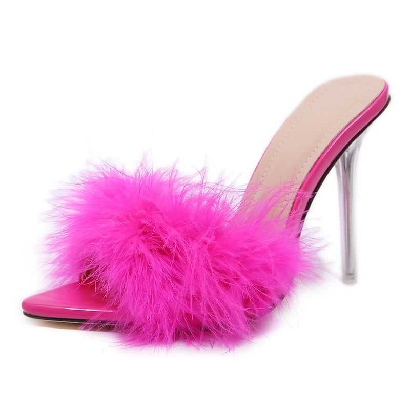 Summer New Sexy Feather Woman Slippers Transparent Perspex High Heels Stiletto Peep Toe Mules Lady Slides Shoes Rose