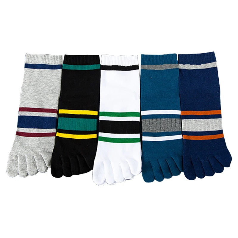 5 Pairs Man Short Toe Socks Cotton Striped Business Young Casual, Fashion Sweat-Absorbing Breathable 5 Finger Socks