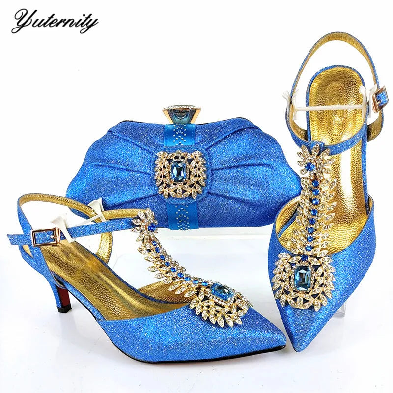 Nigerian Style Woman Shoes With Purse Set African Summer High Heels Shoes And Bags Set For Party New Pointed Toe Shoes