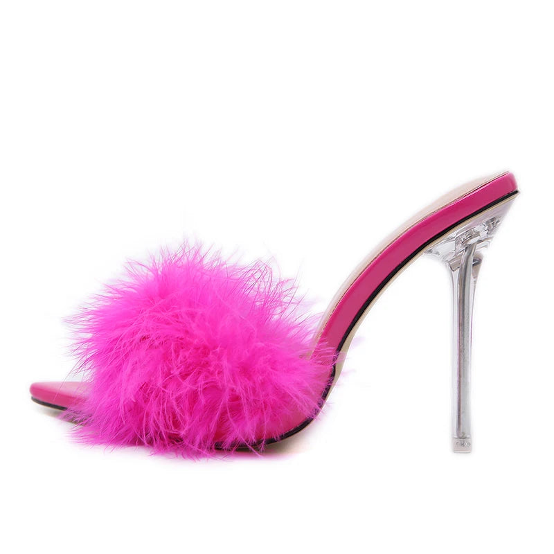 Summer New Sexy Feather Woman Slippers Transparent Perspex High Heels Stiletto Peep Toe Mules Lady Slides Shoes Rose