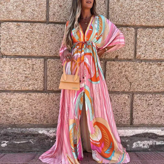 Elegant Gorgeous Printing Dress Women Casual Elastic Waist Long Party Dress 2025 Summer Loose Slit Beach Dress A932