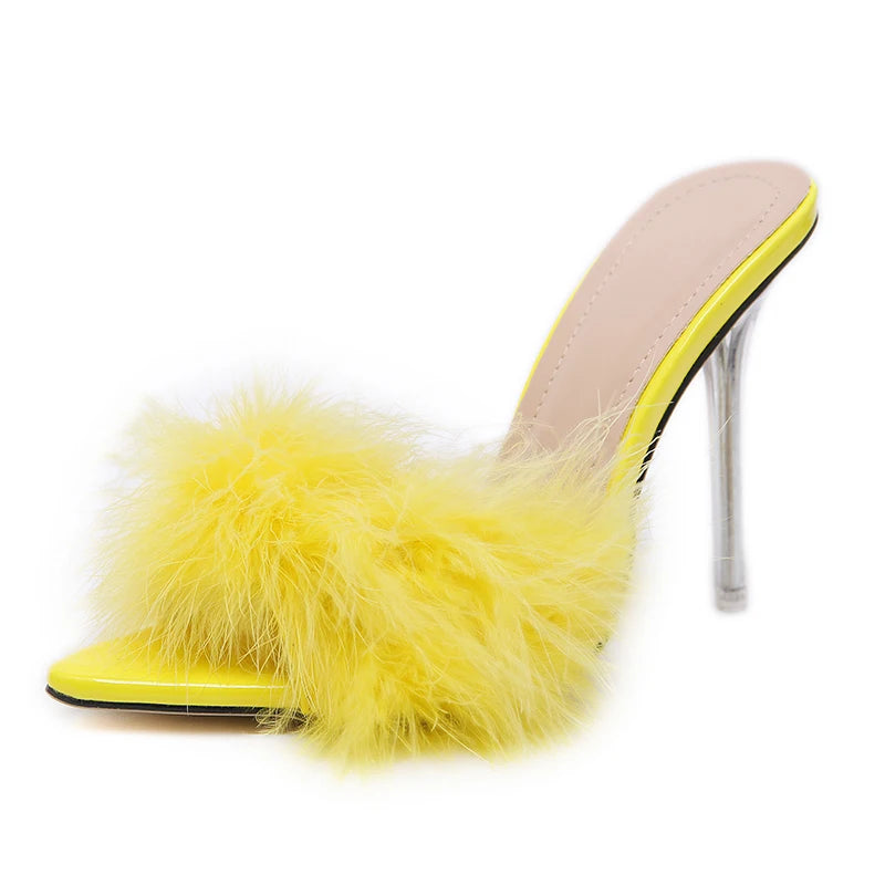 Summer New Sexy Feather Woman Slippers Transparent Perspex High Heels Stiletto Peep Toe Mules Lady Slides Shoes Rose