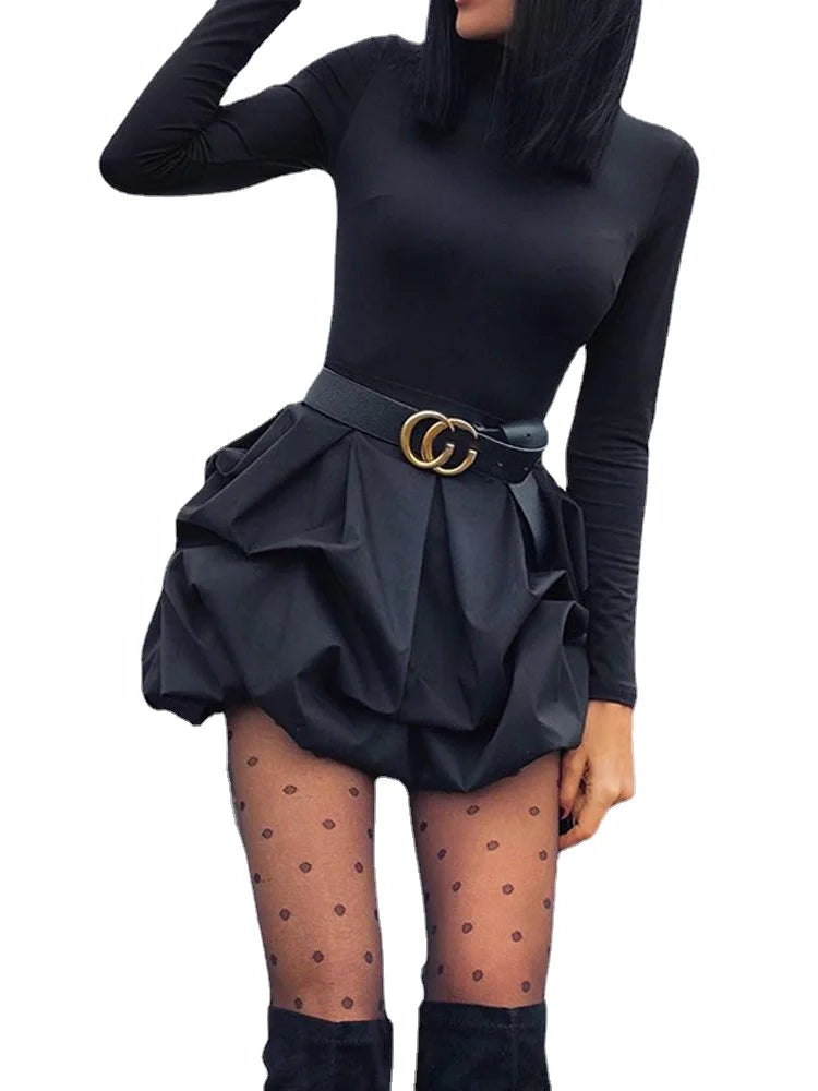 Fashion Solid Long Sleeve Mini Bud Dress Party Dress Black Dress Women