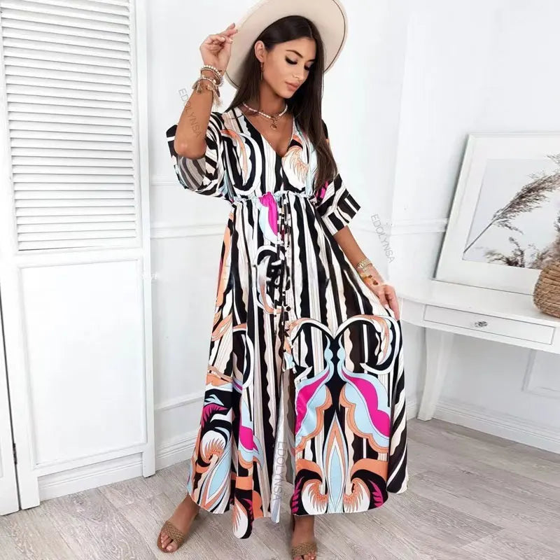Elegant Gorgeous Printing Dress Women Casual Elastic Waist Long Party Dress 2025 Summer Loose Slit Beach Dress A932