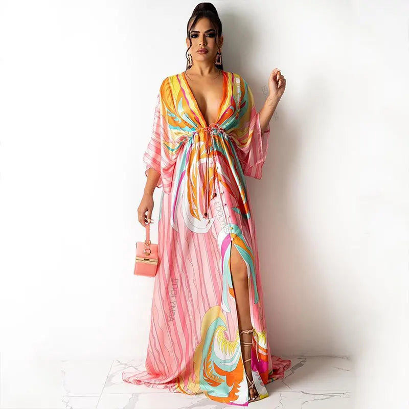 Elegant Gorgeous Printing Dress Women Casual Elastic Waist Long Party Dress 2025 Summer Loose Slit Beach Dress A932