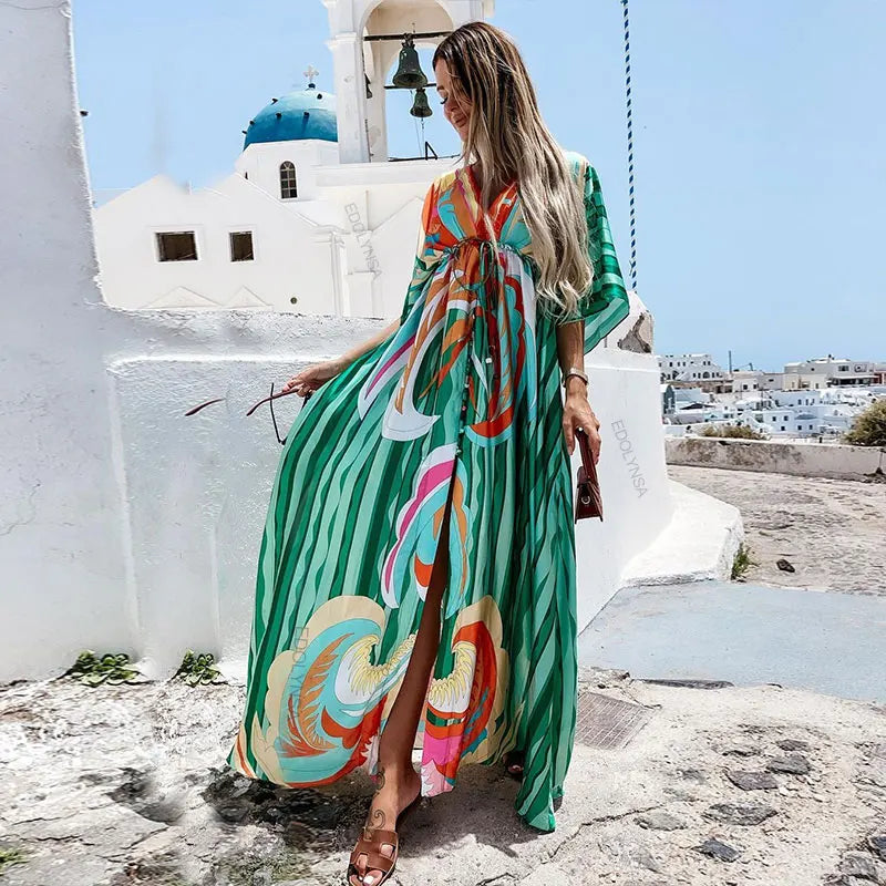 Elegant Gorgeous Printing Dress Women Casual Elastic Waist Long Party Dress 2025 Summer Loose Slit Beach Dress A932