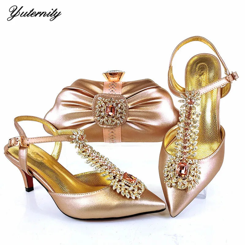 Nigerian Style Woman Shoes With Purse Set African Summer High Heels Shoes And Bags Set For Party New Pointed Toe Shoes
