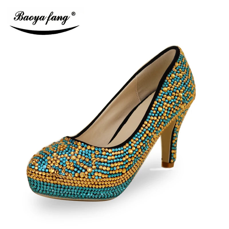 BaoYaFang blue mix gold crystal Women wedding shoes with matching bags fashiom girl's party dress shoe and purse sets