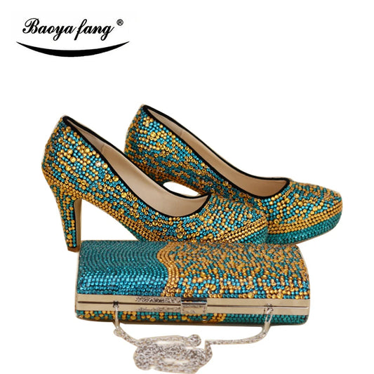 BaoYaFang blue mix gold crystal Women wedding shoes with matching bags fashiom girl's party dress shoe and purse sets