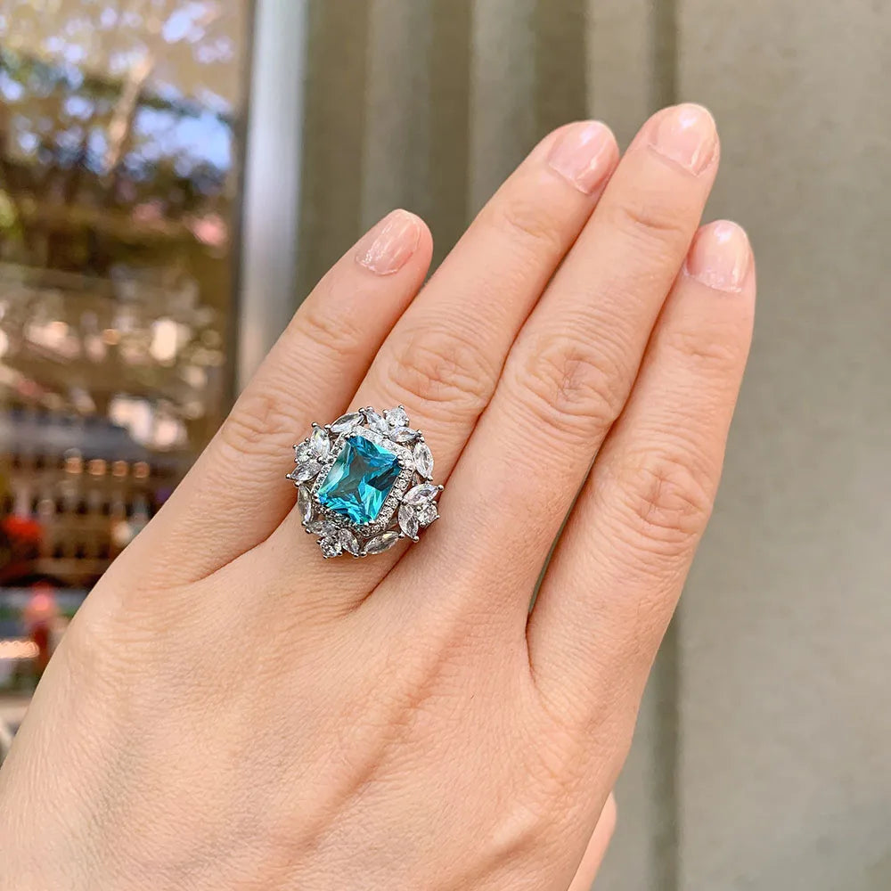 Trend Wedding Jewelry Sets for Women Vintage 8*10mm Aquamarine Stone Rings/Drop Earrings/Pendant/Necklace Birthday Gift