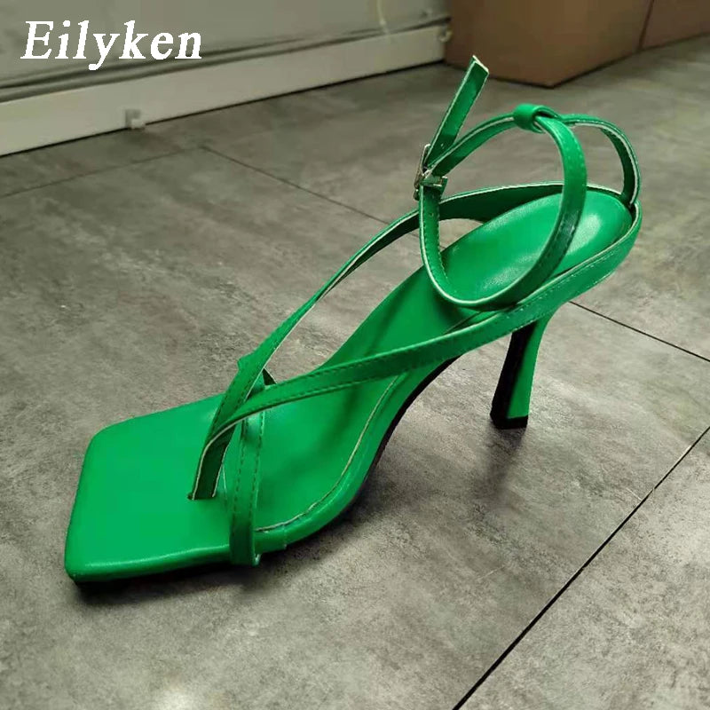 Eilyken Square Head Ankle Strap Sandals Women Fashion High Heel Gladiator Narrow Band Party Dress Pump Shoes Zapatos De Mujer