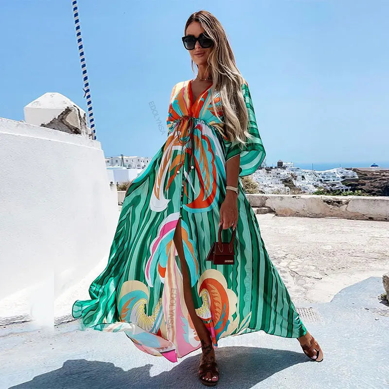 Elegant Gorgeous Printing Dress Women Casual Elastic Waist Long Party Dress 2025 Summer Loose Slit Beach Dress A932