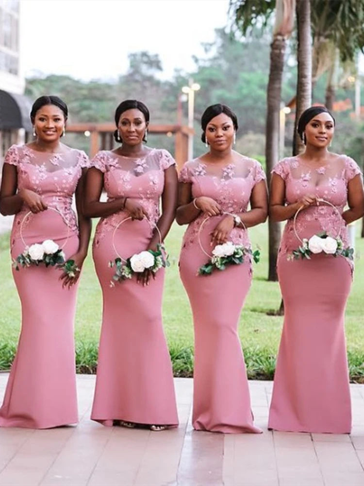 Pink Mermaid Bridesmaid Dresses For Wedding Party Gowns Satin Cap Sleeve O-Neck Appliques Formal Floor Length Custom Made