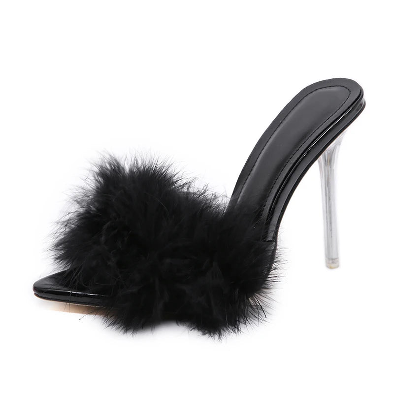 Summer New Sexy Feather Woman Slippers Transparent Perspex High Heels Stiletto Peep Toe Mules Lady Slides Shoes Rose