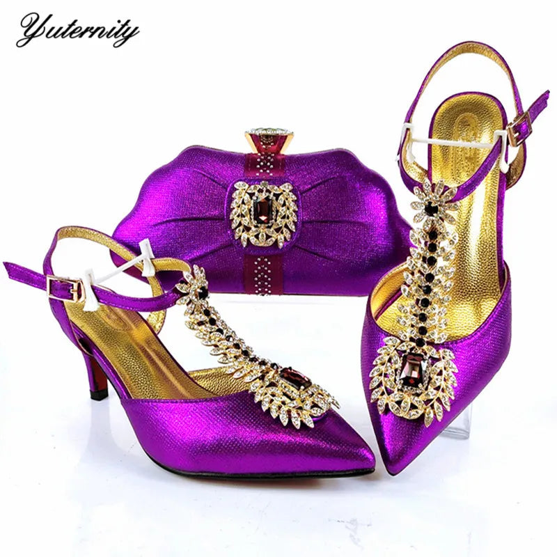 Nigerian Style Woman Shoes With Purse Set African Summer High Heels Shoes And Bags Set For Party New Pointed Toe Shoes