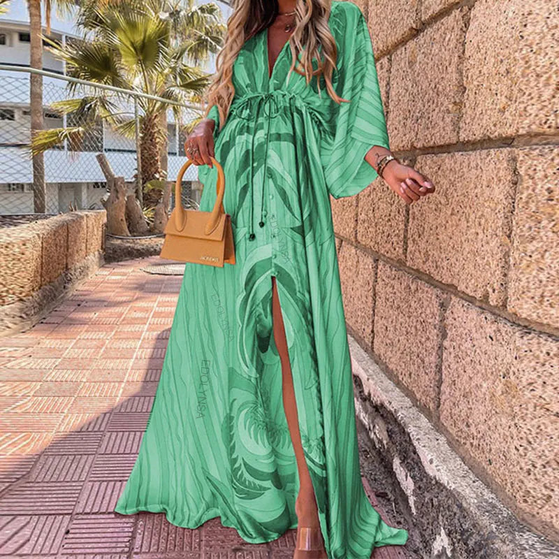 Elegant Gorgeous Printing Dress Women Casual Elastic Waist Long Party Dress 2025 Summer Loose Slit Beach Dress A932