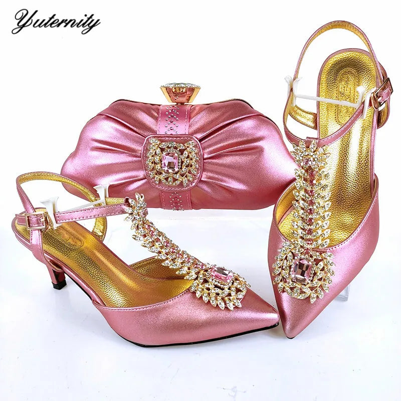 Nigerian Style Woman Shoes With Purse Set African Summer High Heels Shoes And Bags Set For Party New Pointed Toe Shoes