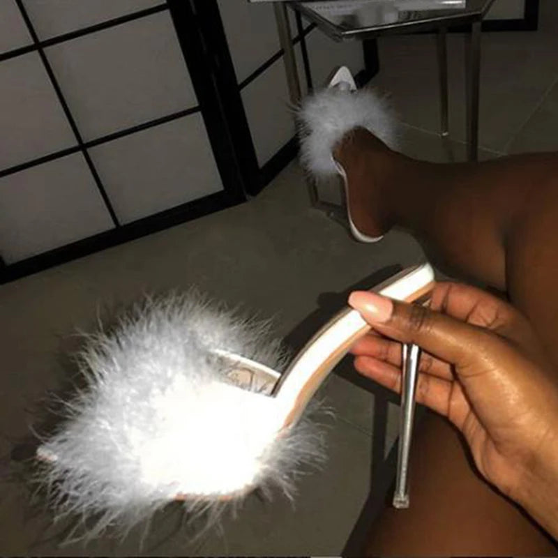 Summer New Sexy Feather Woman Slippers Transparent Perspex High Heels Stiletto Peep Toe Mules Lady Slides Shoes Rose