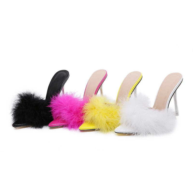 Summer New Sexy Feather Woman Slippers Transparent Perspex High Heels Stiletto Peep Toe Mules Lady Slides Shoes Rose