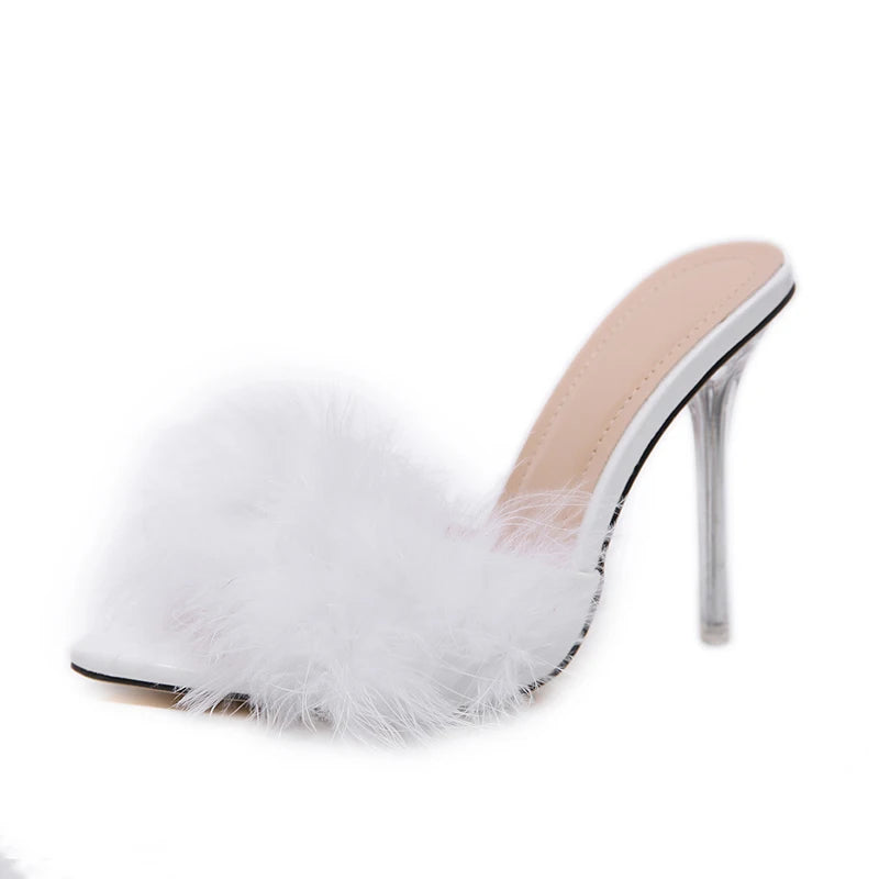 Summer New Sexy Feather Woman Slippers Transparent Perspex High Heels Stiletto Peep Toe Mules Lady Slides Shoes Rose