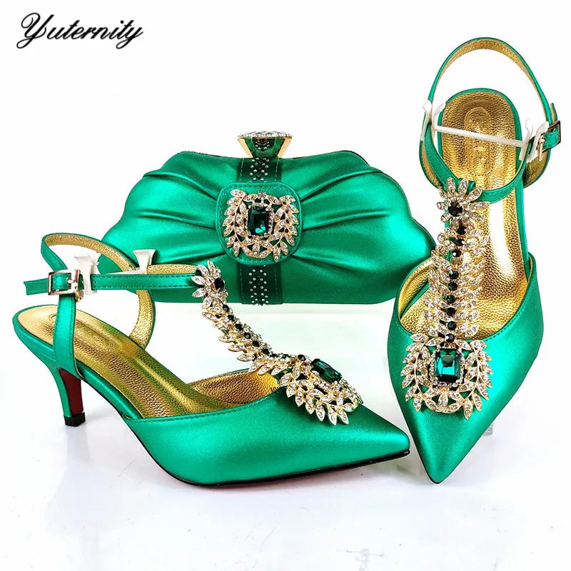 Nigerian Style Woman Shoes With Purse Set African Summer High Heels Shoes And Bags Set For Party New Pointed Toe Shoes