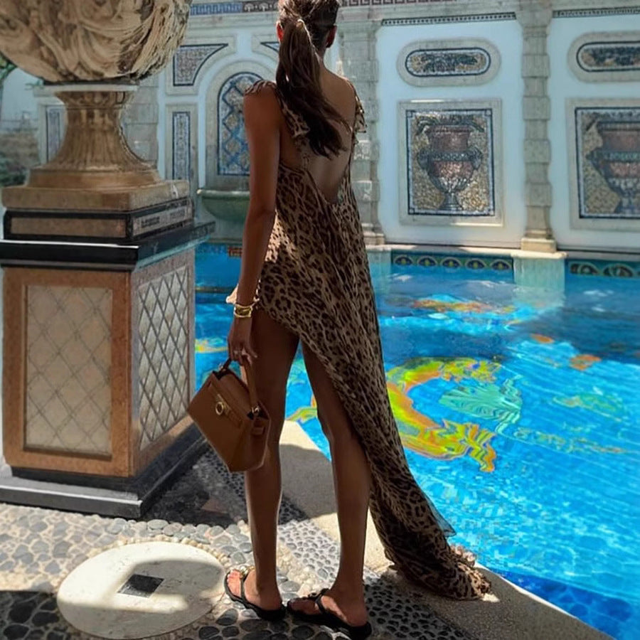 Chiffon Printed Suspender Dress INS Vacation Loose Leopard Print Two-piece Set For Women