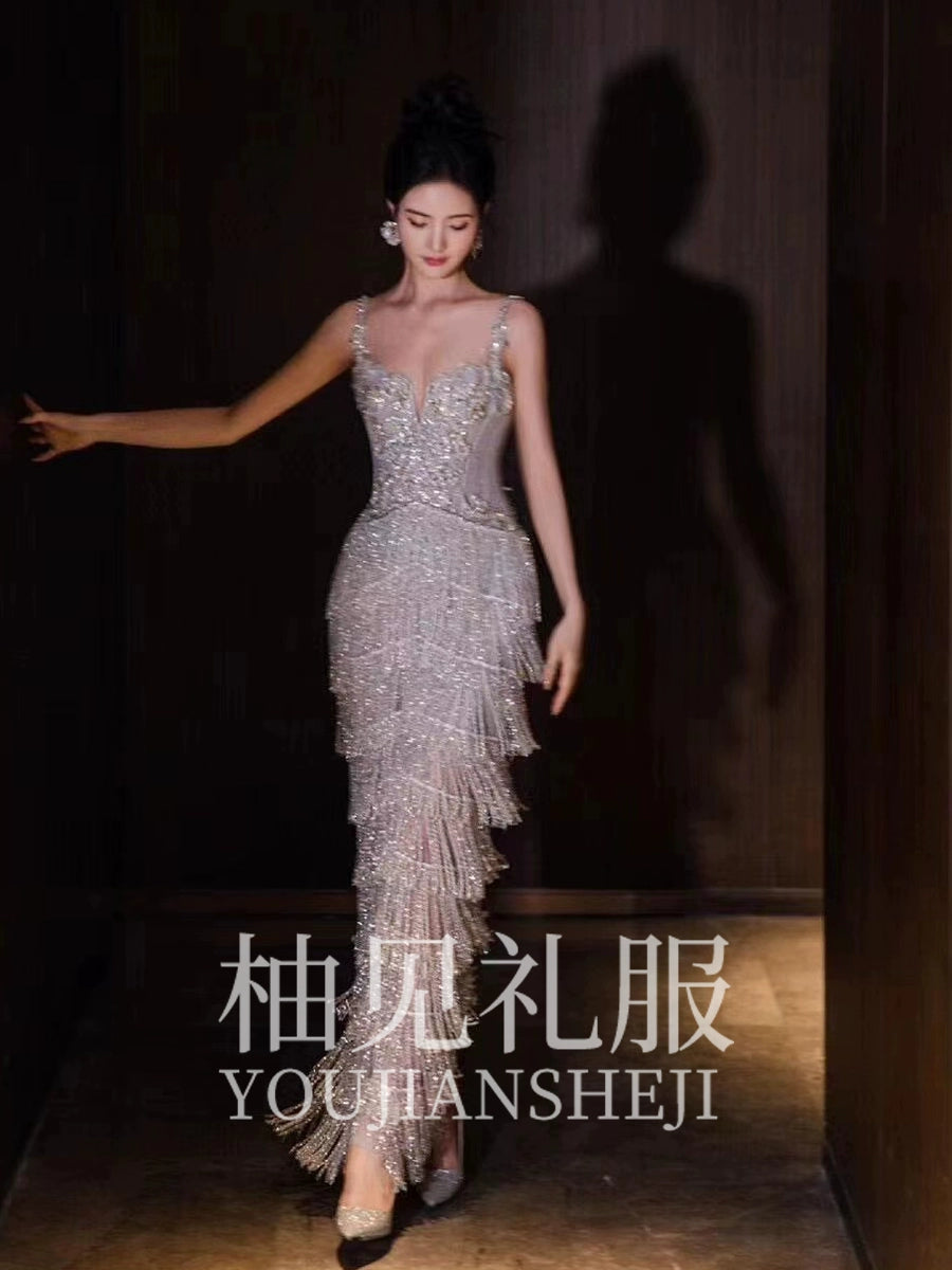 Banquet Heavy Work Evening Dress Women Fancy Sling Tassel Evening Gown Bride Engagement Formal Dress Classy Light Luxury