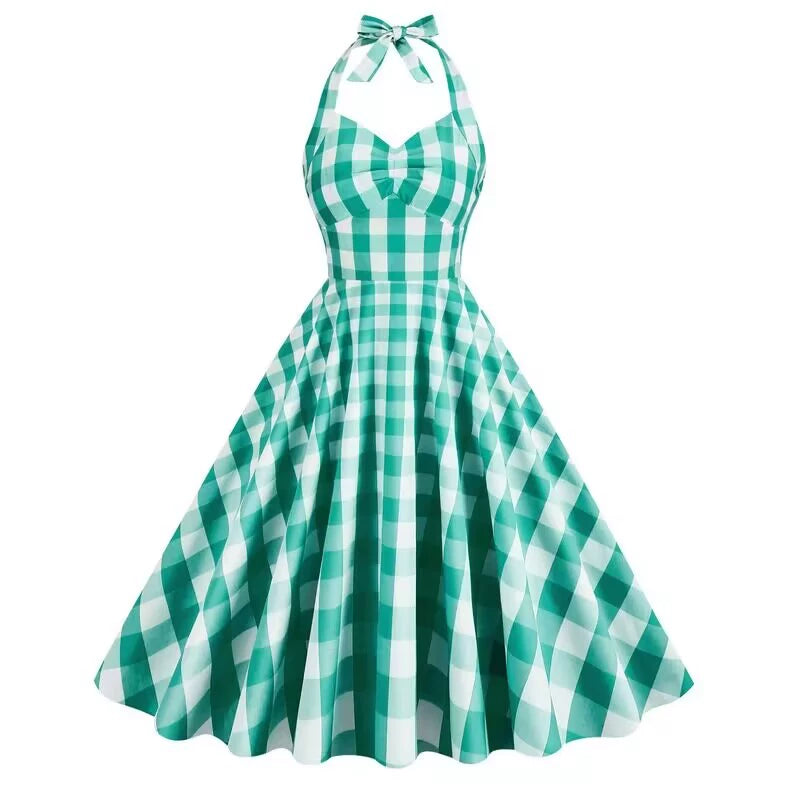 Hepburn Style Age Sense Elegant Halter Lace-up Small V Neck Barbie Pink Printed Checks Large Swing Dress Female Dress