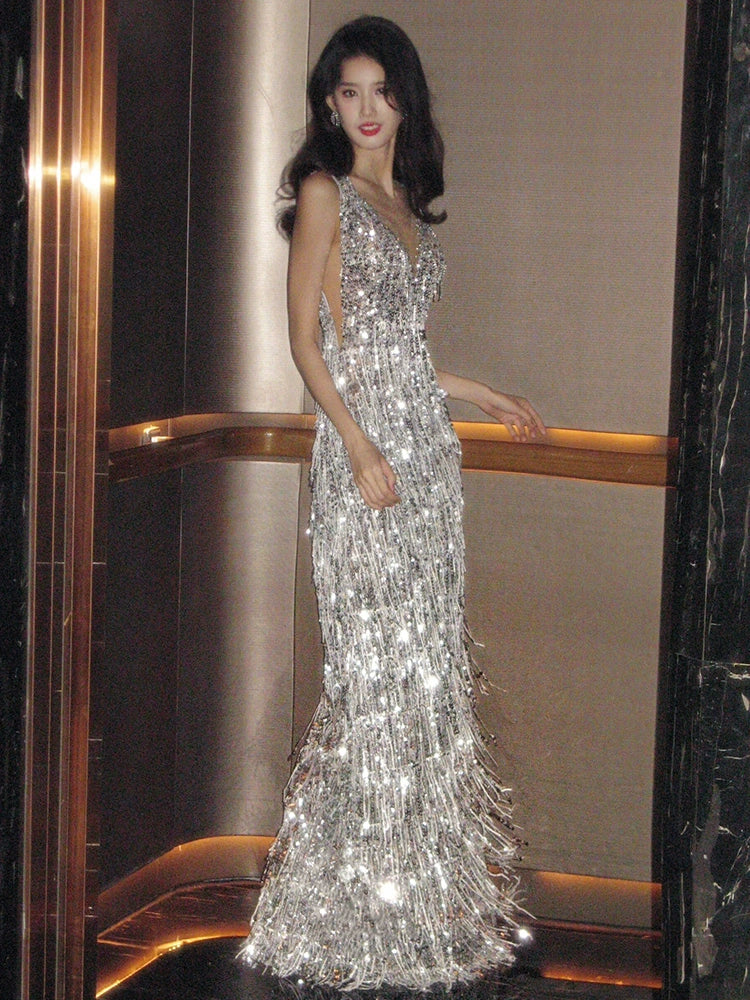 Silver Tassel Sequined Bride Dress for Toast New Elegant Banquet High Sense V-neck Fishtail Evening dress Women