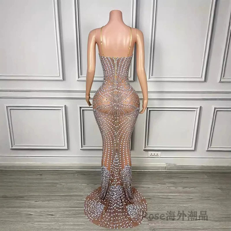 Halterneck Light Diamond Sexy See-through Birthday Party Dress Catwalk Show Fashion Women's Wear Music Festival Singer Costume
