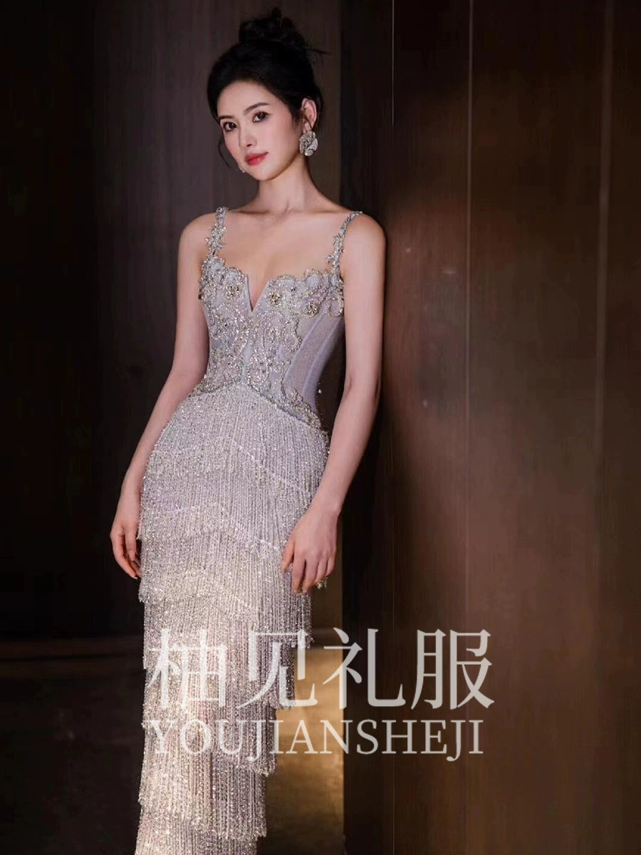 Banquet Heavy Work Evening Dress Women Fancy Sling Tassel Evening Gown Bride Engagement Formal Dress Classy Light Luxury