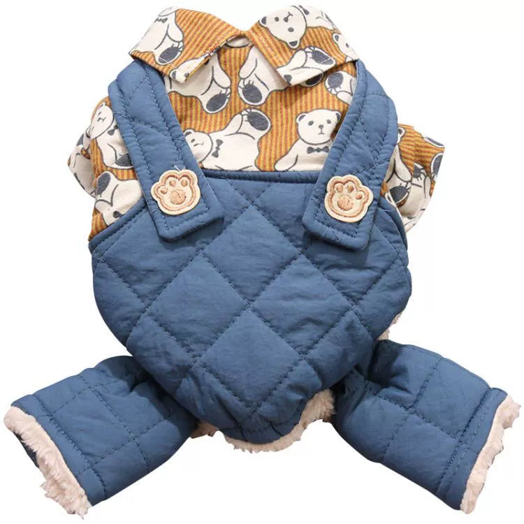 Dog Winter Cartoon Print Suspenders Minlature Pinscher Small Shiba Inu Teddy Puppy Puppy Winter Clothing Warm Four-Legged Pet Clothing