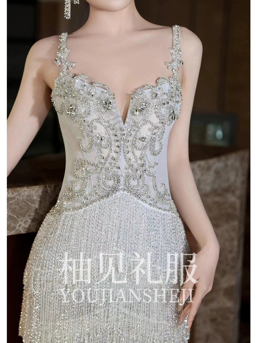 Banquet Heavy Work Evening Dress Women Fancy Sling Tassel Evening Gown Bride Engagement Formal Dress Classy Light Luxury