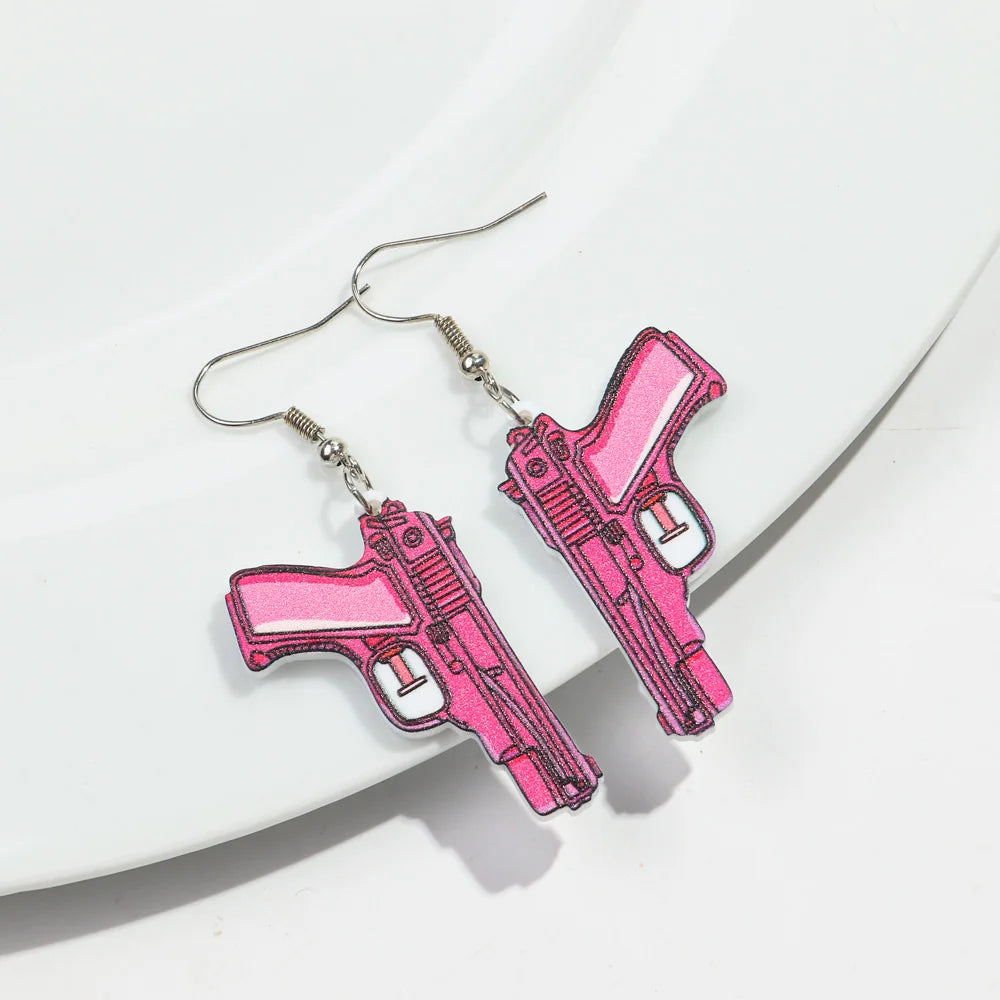 Cute Pink Phone Game Radio High Heels Ring Acrylic Print Earrings for Women Vintage Heart Bear Drop Earring Funny Jewelry