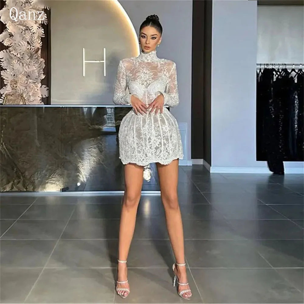 Qanz Chic Lace Bride Dress Short High Neck Long Sleeves Wedding Party Dress women Mermaid Backless Vestido De Novia Customized
