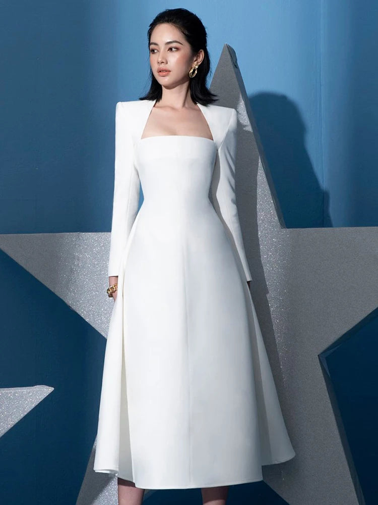 New Party Dress Full Sleeve High Waist Solid Color Luxury A-line Hem Female Medium Long Spring Summer Fashion