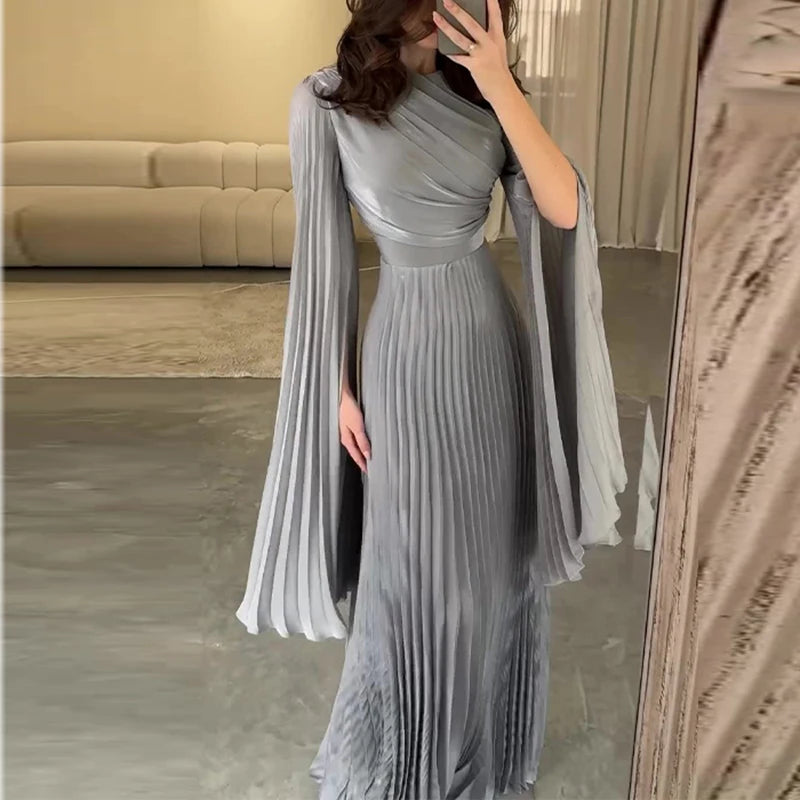 2025 Autumn Women's O-neck Long Sleeve Party Dress Elegant Solid Color Pleated Robe Dress Fashion High Waist Slim Evening Dress