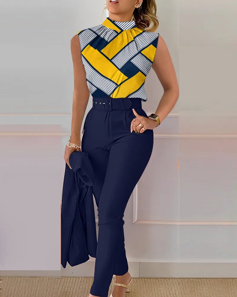 Office For Women Elegant Sleeveless Print Shirt And Pant Set Fashion Casual O-neck Slim Pants Two Piece Set Summer Outfits