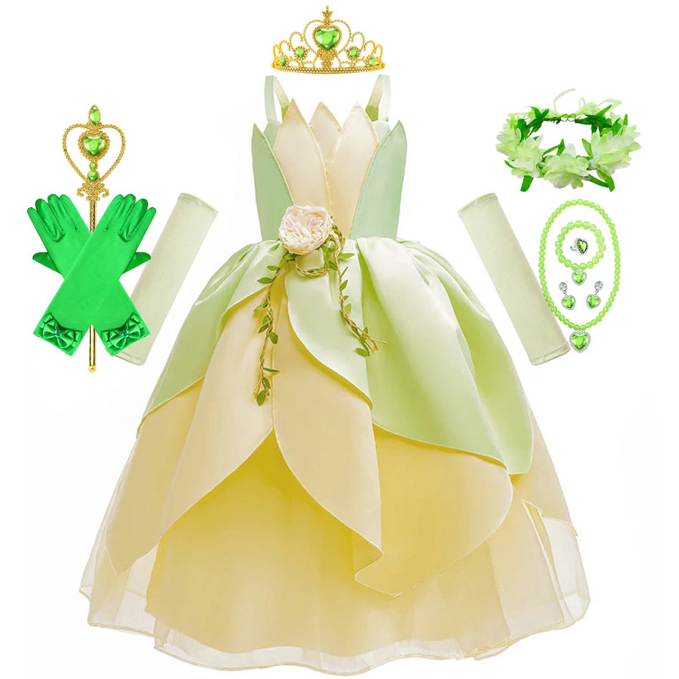 Fancy Girl Princess Tiana Costume Dress The Frog Cosplay Floral LED Light Up Clothing Halloween Girl Kids Christmas Party 2-11T