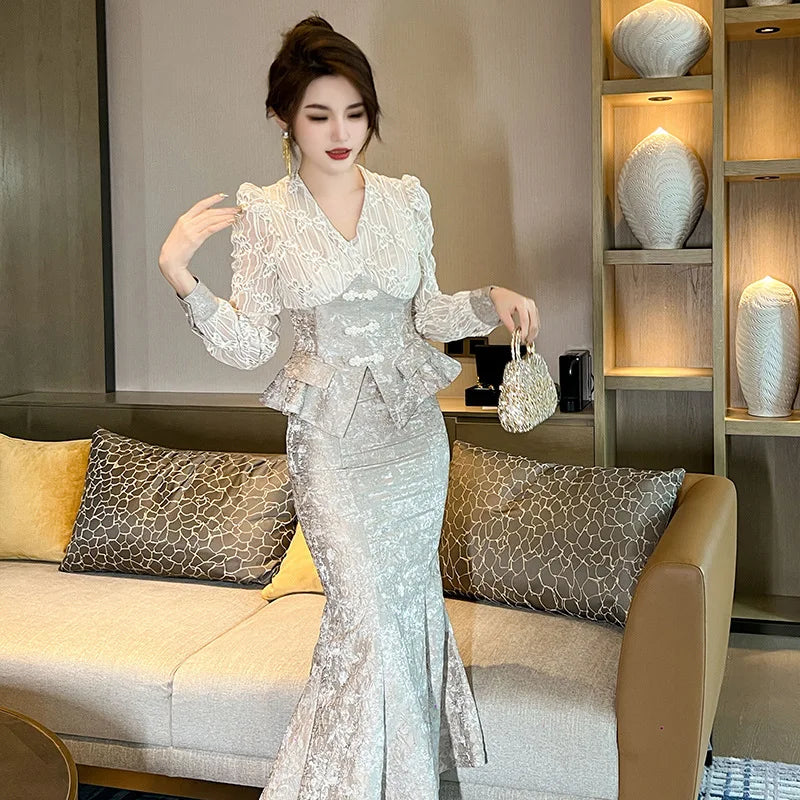 Elegant Fashion Skirt Sets 2025 Autumn New V-neck Ruffle Edge Bubble Sleeve Lace Top High Waist Skirt Two-piece Sets Women