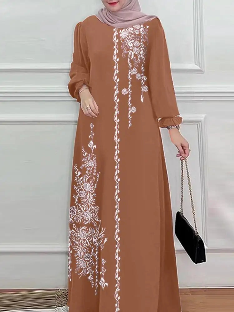Long Sleeve Islamic Long Robes Abaya Women Muslim Fashion O Neck Casual Vestidos Loose Turkey Floral Printing Maxi Dress