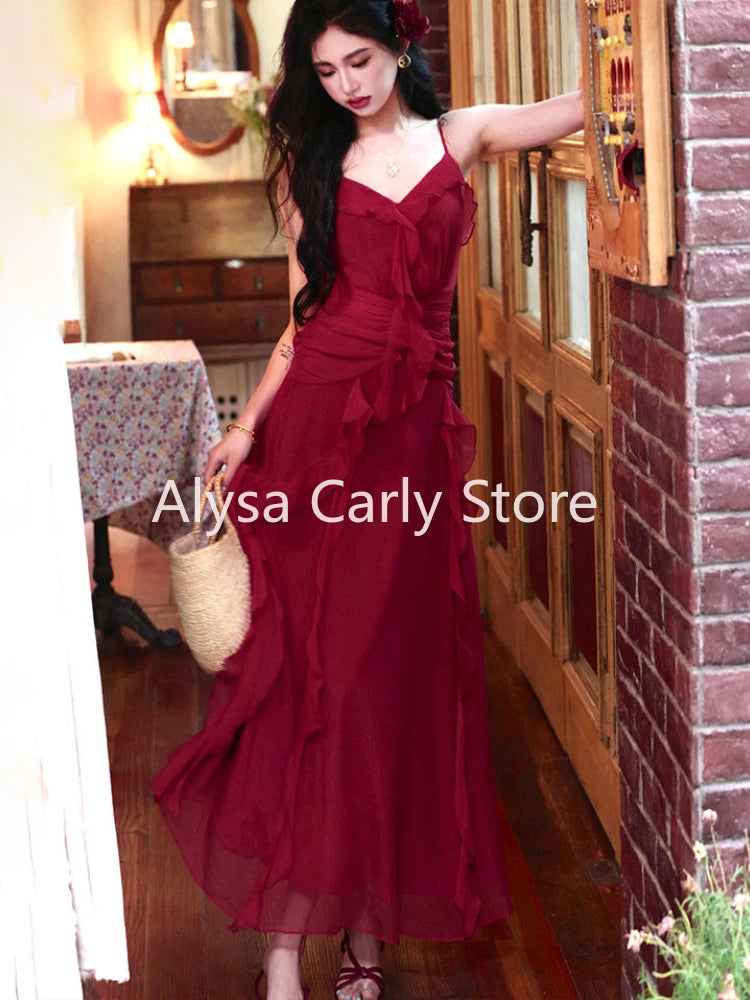 Red Vintage Elegant Midi Strap Dress Women Ruffles Design Causal Korean Fairy Dress Female Autumn Strapless Party Dress