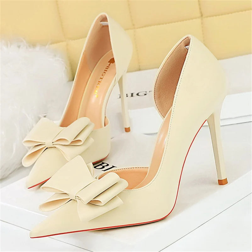 Women 10.5cm High Heels Satin Silk Butterfly Knot Purple Pumps Lady Wedding Bridal Escarpin Blue Green Peach Fashion Party Shoes