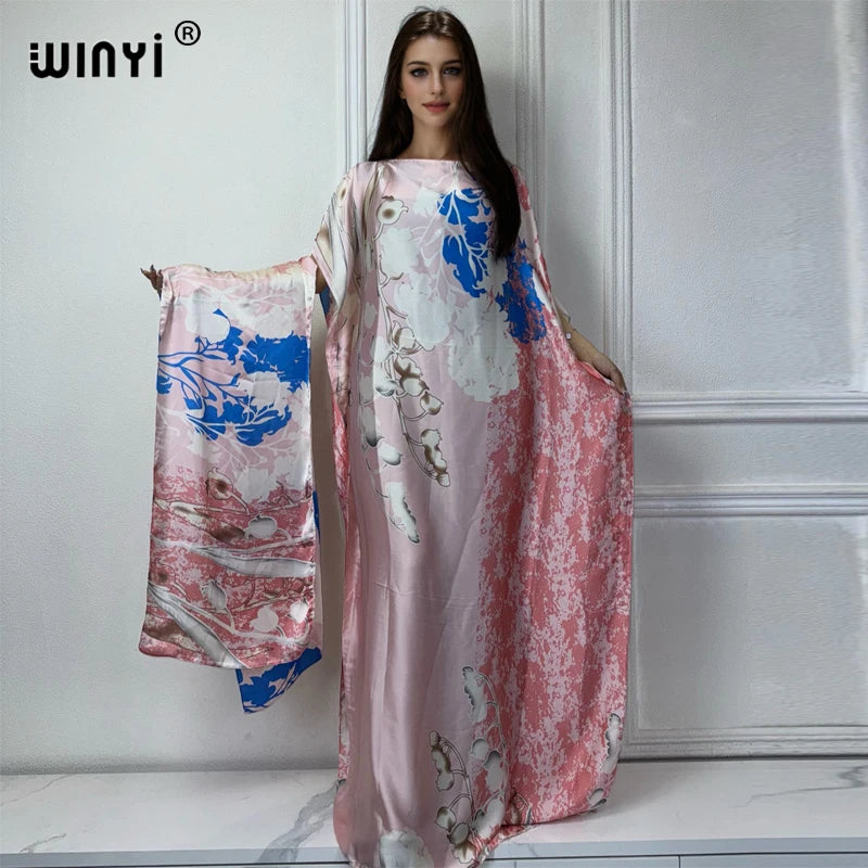 WINYI 2025 New African Women Dashiki boho print muslim woman dubai Free Size Design With Scarf Maxi Loose African Elegant Dress
