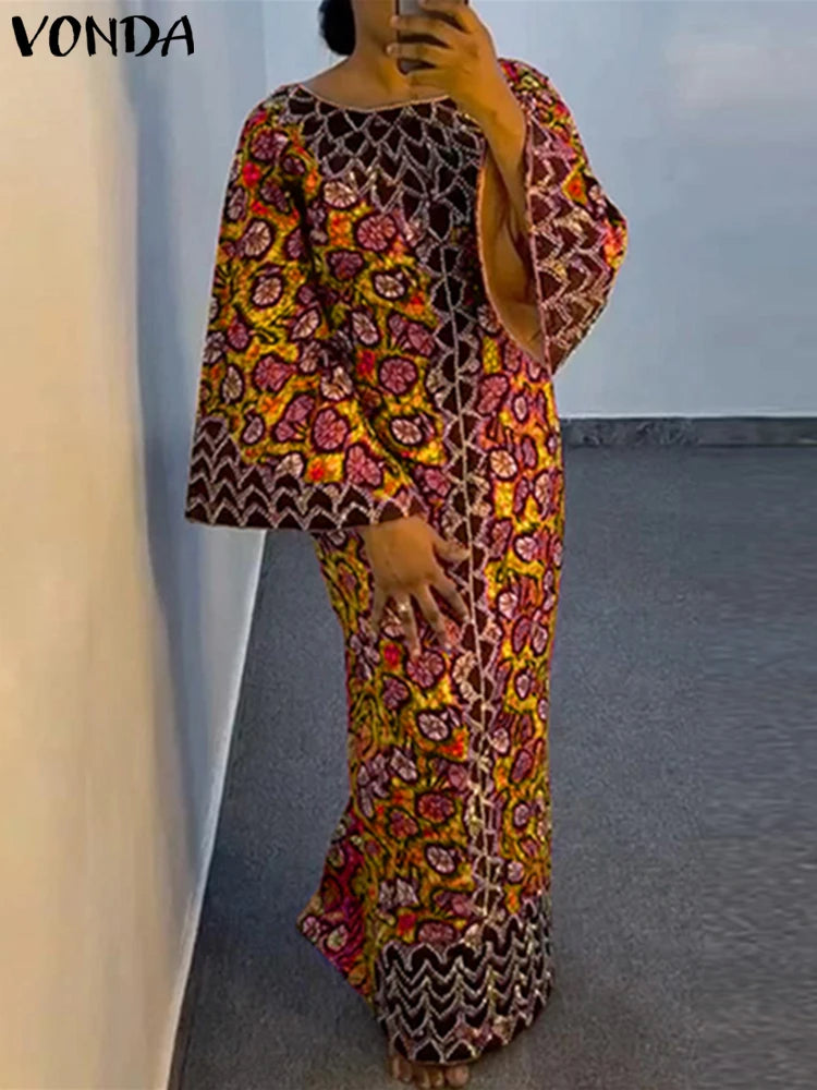 Plus Size VONDA Bohemian Dress Elegant Women Printing Sundress Vintage Flare Long Sleeve Maxi Vestidos O-Neck Robe Summer